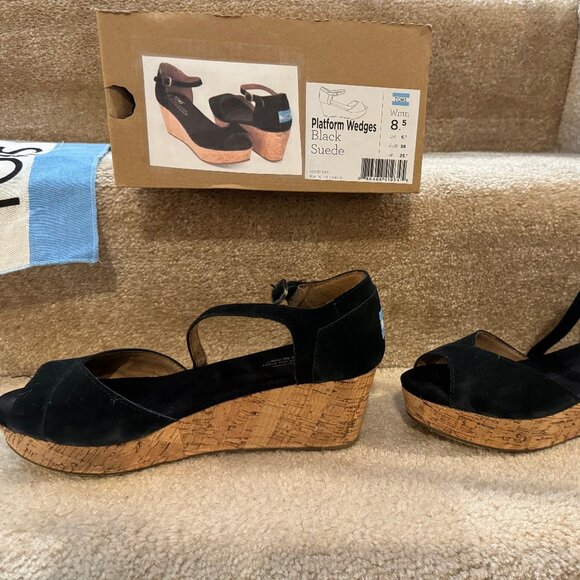 TOMS Womens Open Toe Ankle Straps Cork Wedge Platform Shoes/Size 8.5/Black Suede - Picture 1 of 4